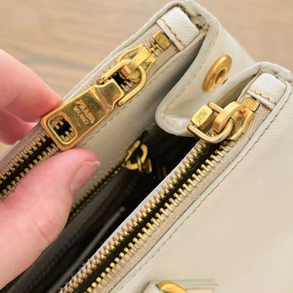 Prada Saffiano Large Galleria Double Zip Tote Talco White Gold Accents with COA‎